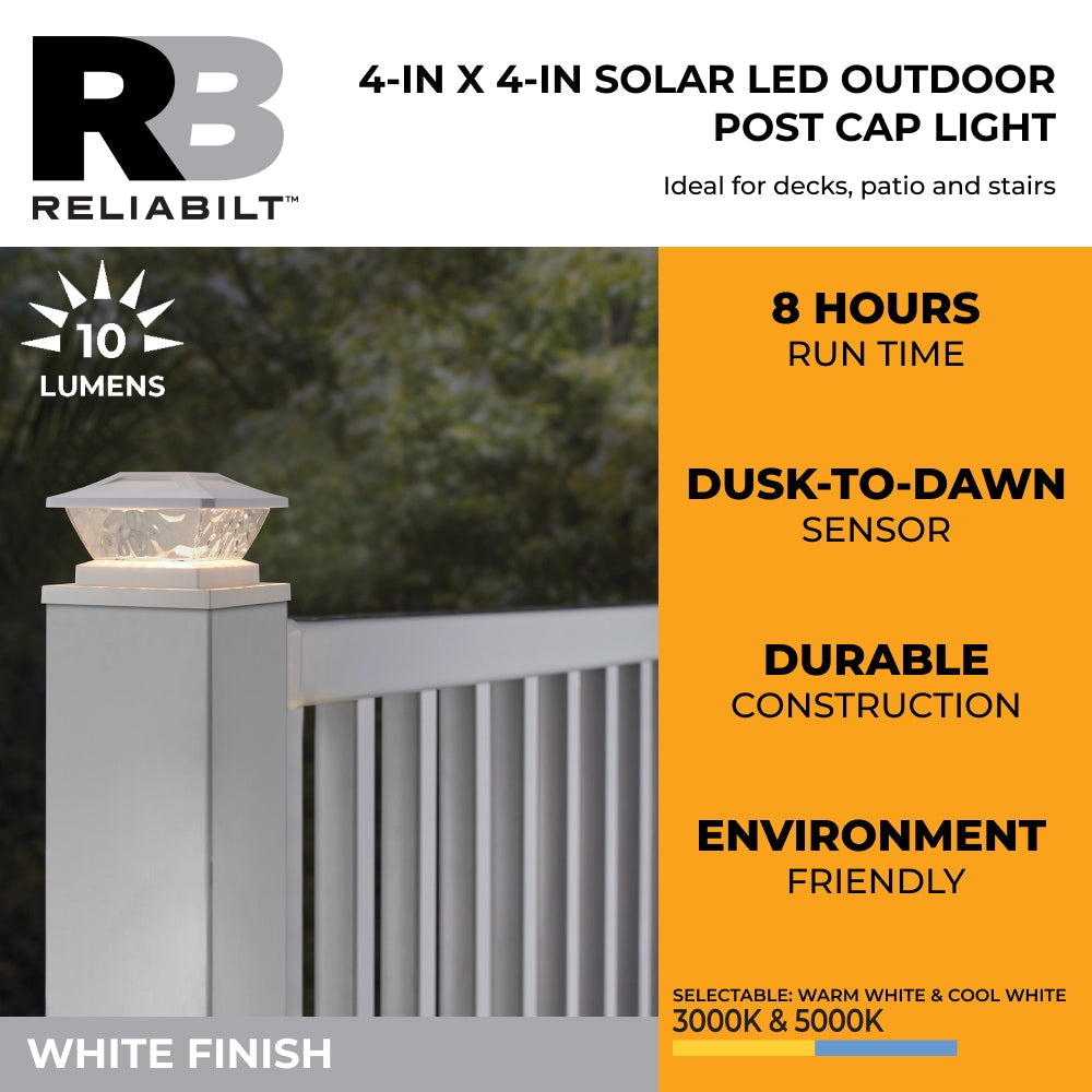 RELIABILT 4-in x 4-in 10-Lumen White Solar LED Outdoor Post Cap Light (5000 K)