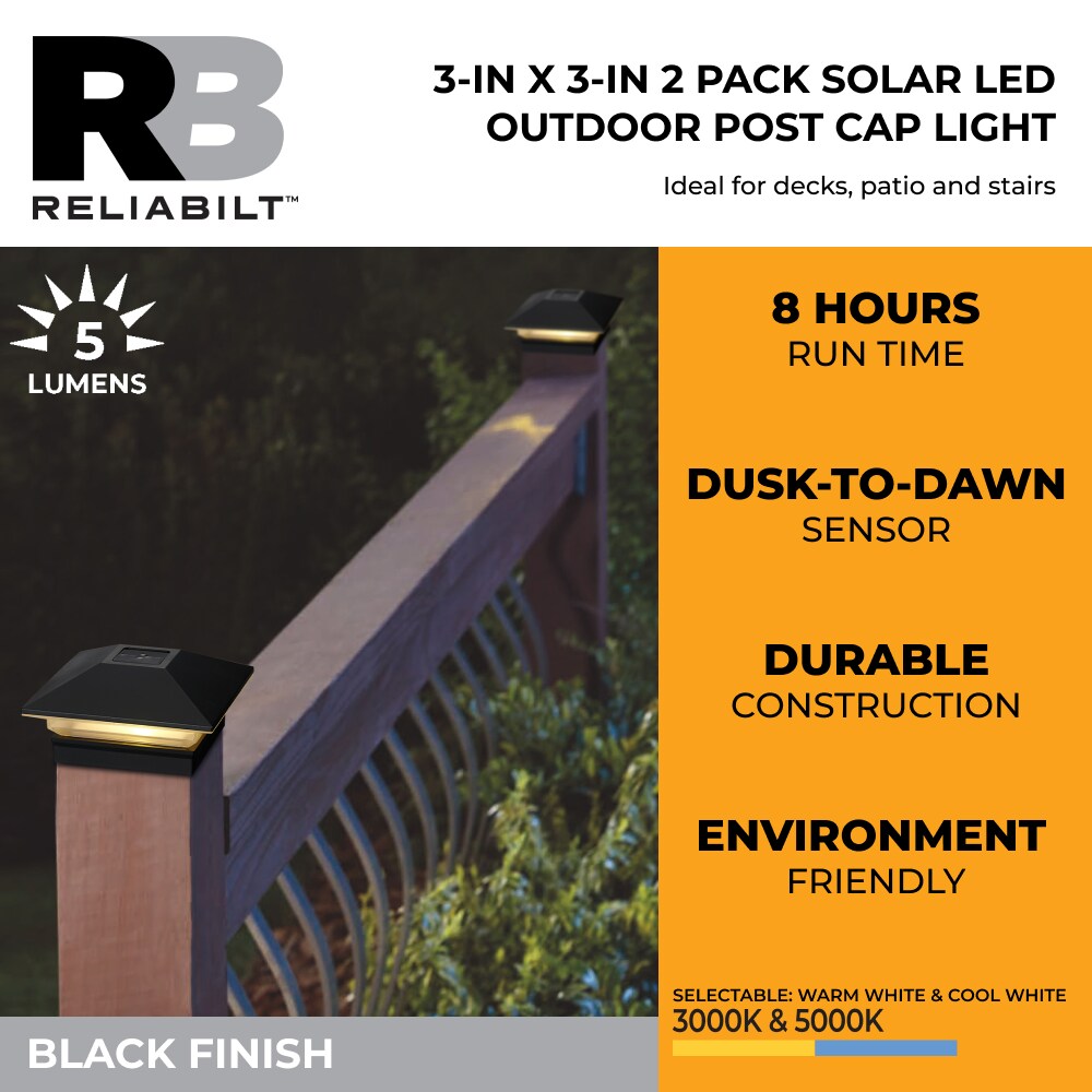 RELIABILT 3-in x 3-in 5-Lumen Black Solar LED Outdoor Post Cap Light (5000 K)