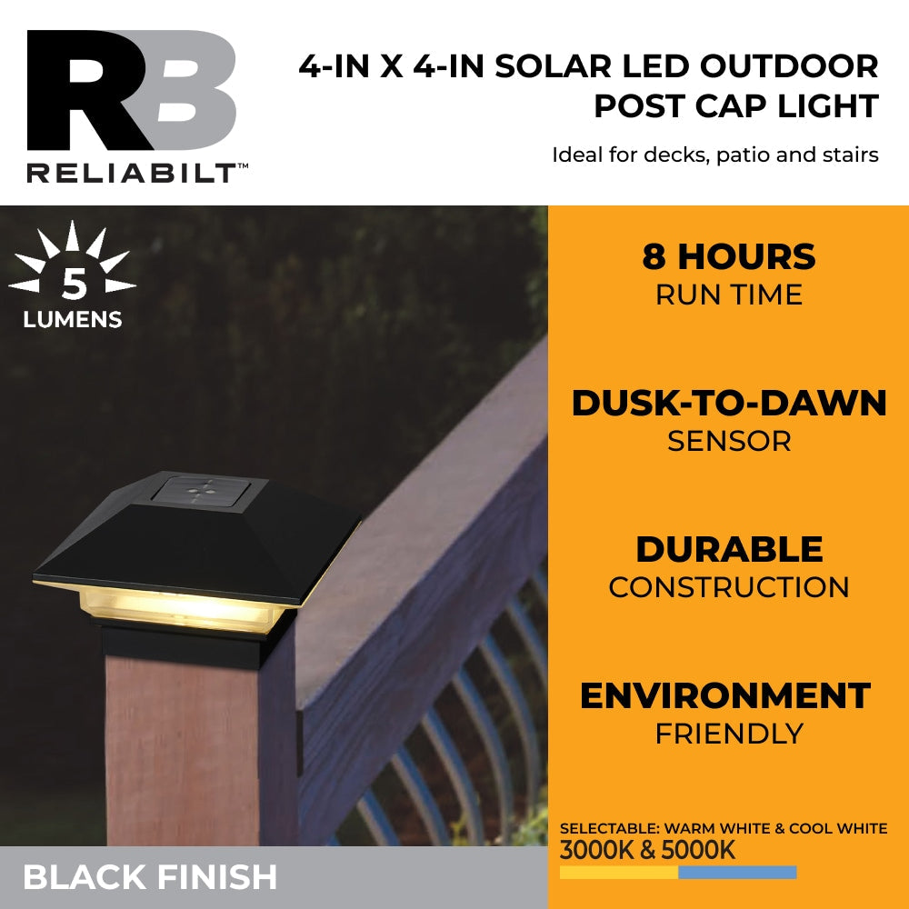 RELIABILT 4-in x 4-in 5-Lumen Black Solar LED Outdoor Post Cap Light (5000 K)
