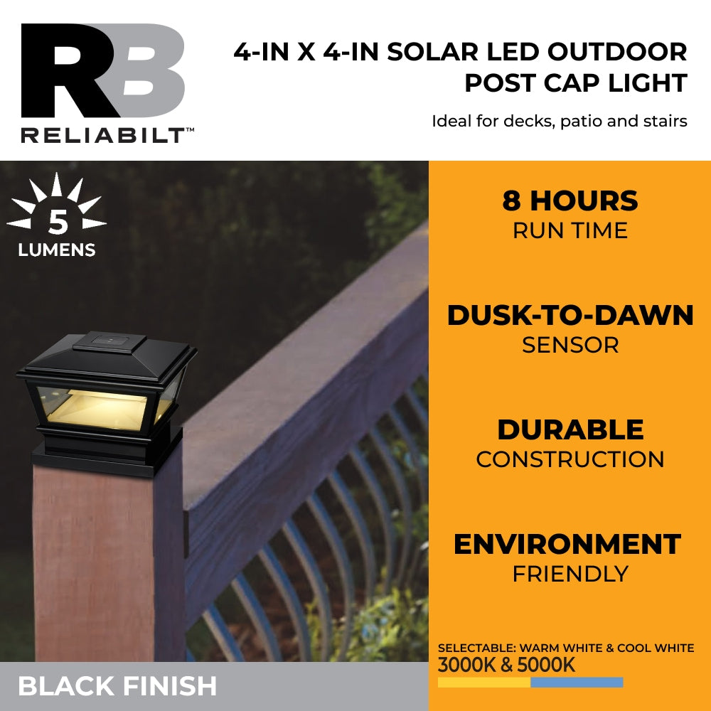 RELIABILT 4-in x 4-in 5-Lumen Black Solar LED Outdoor Post Cap Light (5000 K)