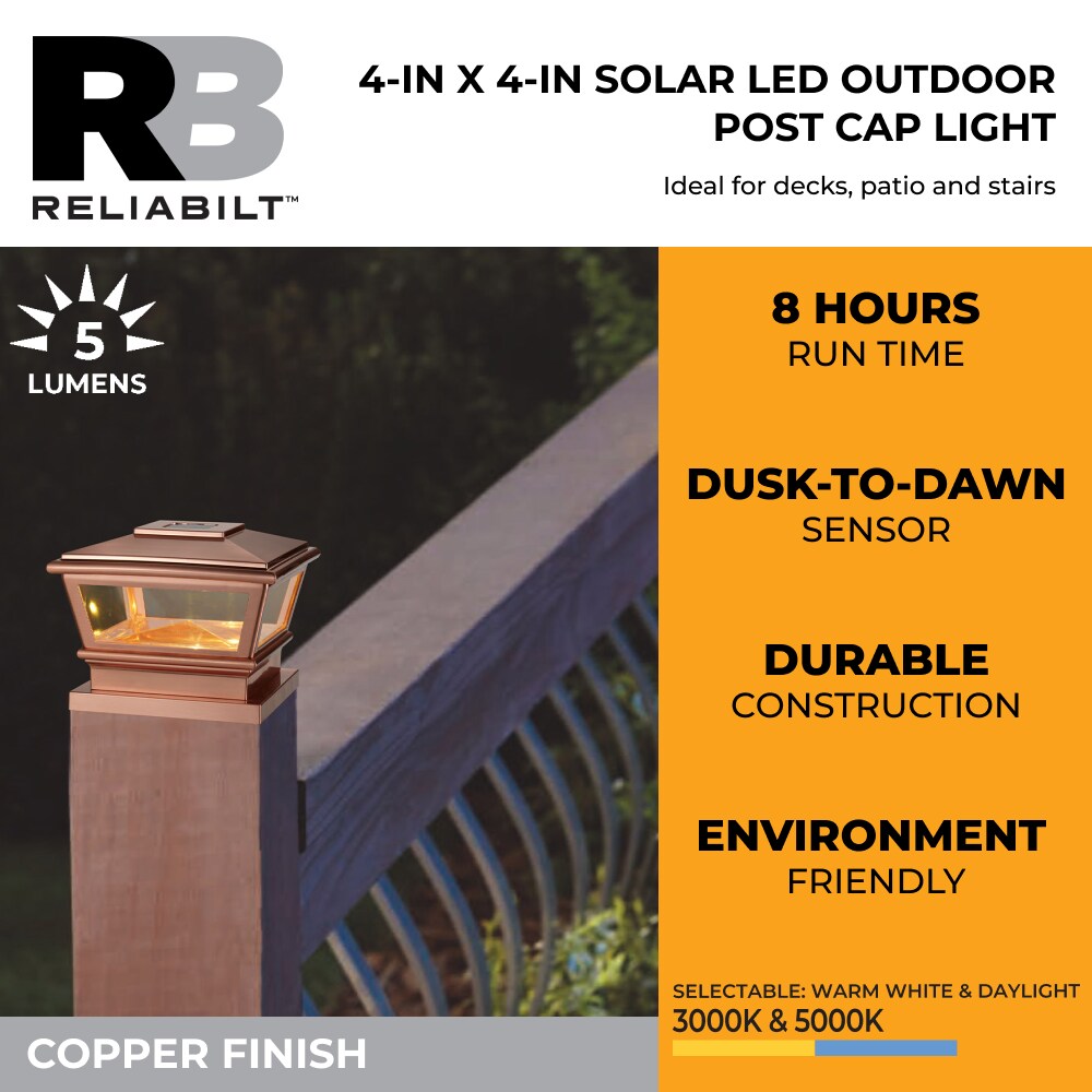 RELIABILT 4-in x 4-in 5-Lumen Copper Solar LED Outdoor Post Cap Light (5000 K)