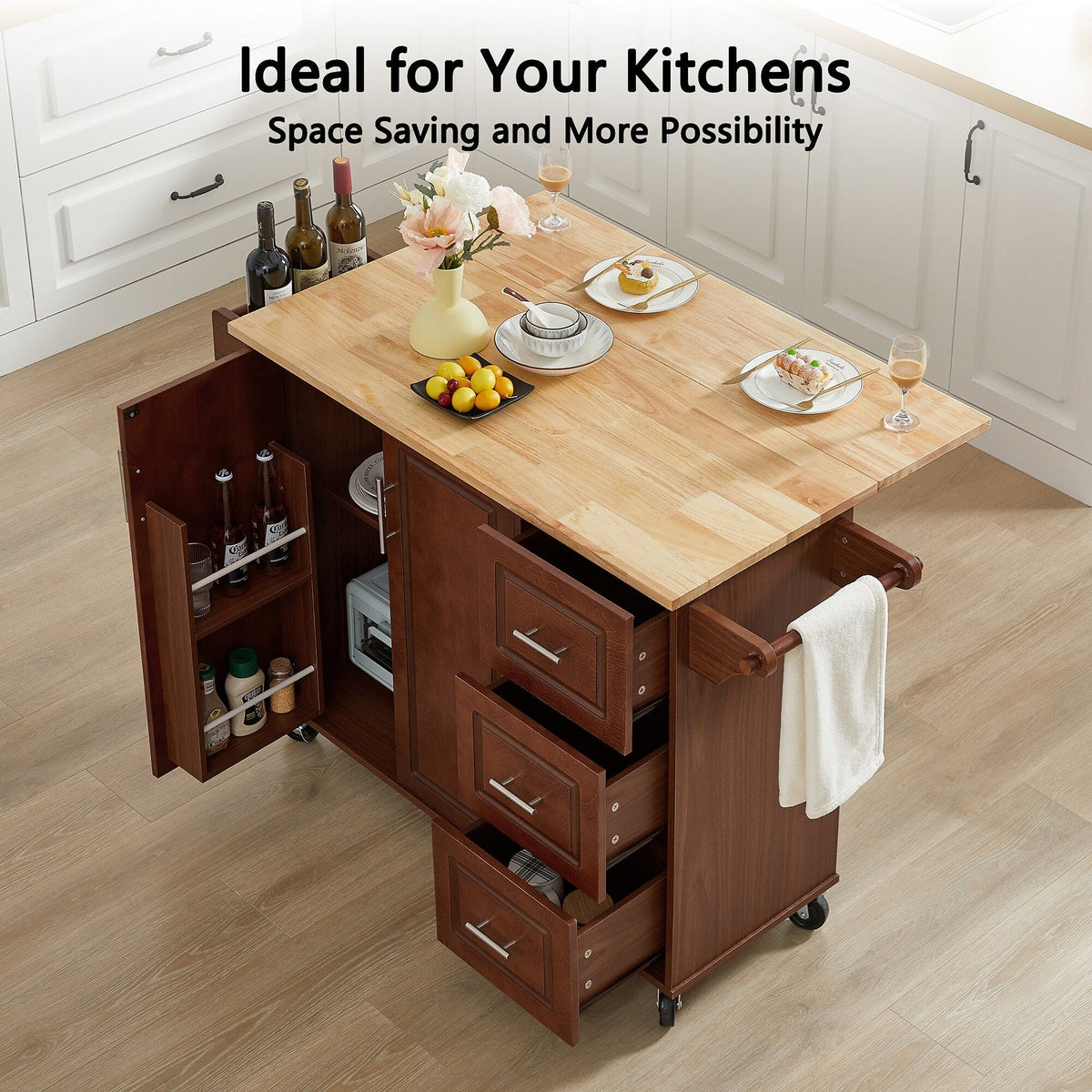 Bybafun Brown Mdf Base with Mdf Wood Top Rolling Kitchen Island (18.1-in x 53.8-in x 35.5-in)