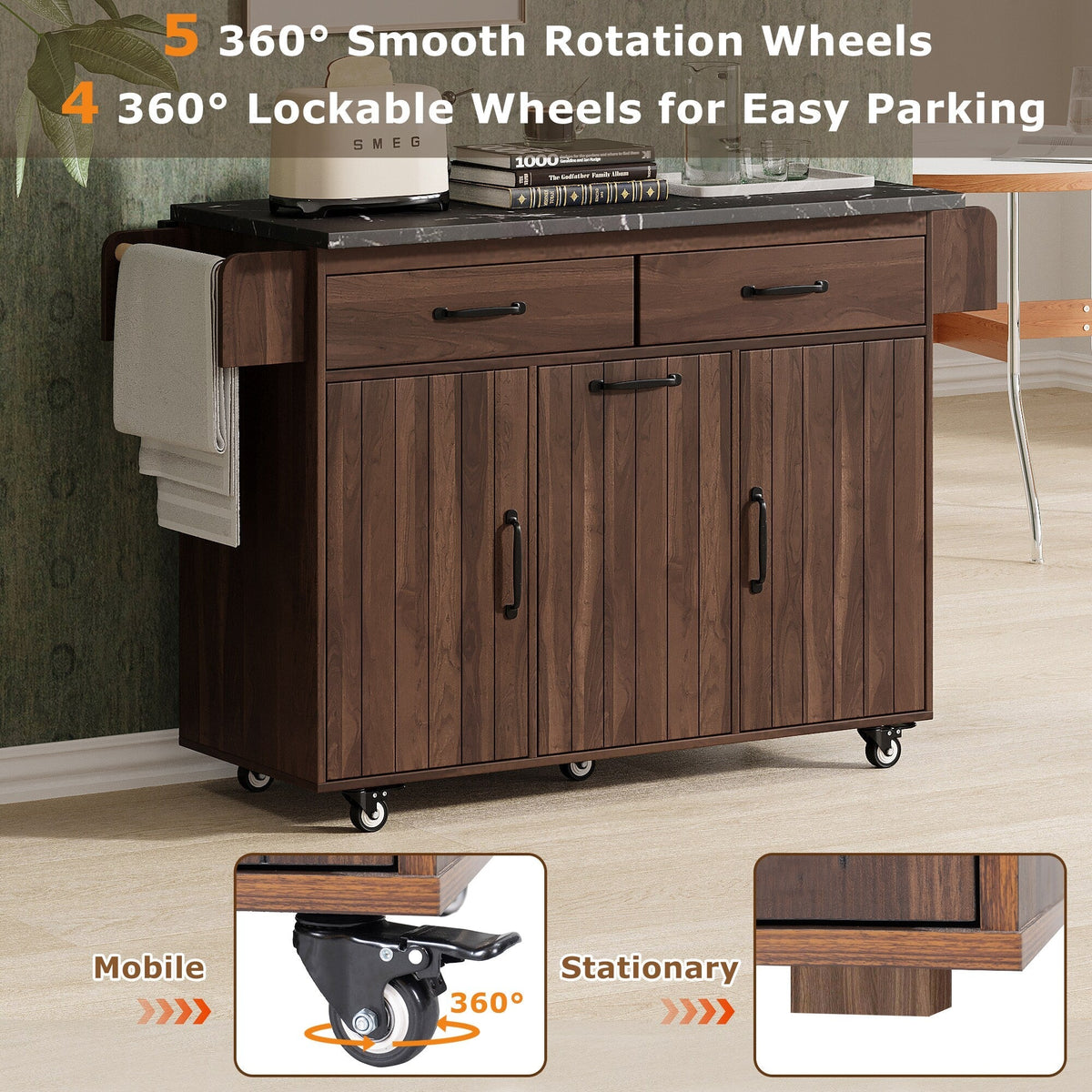 Bybafun Brown Mdf Base with Mdf Wood Top Rolling Kitchen Cart (20.6-in x 51-in x 35-in)