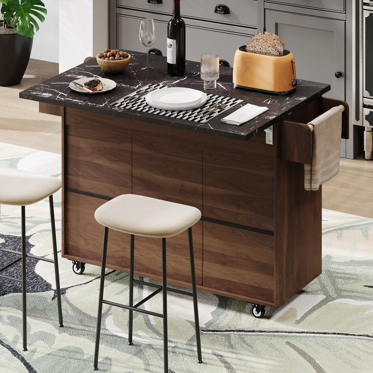 Bybafun Brown Mdf Base with Mdf Wood Top Rolling Kitchen Cart (20.6-in x 51-in x 35-in)