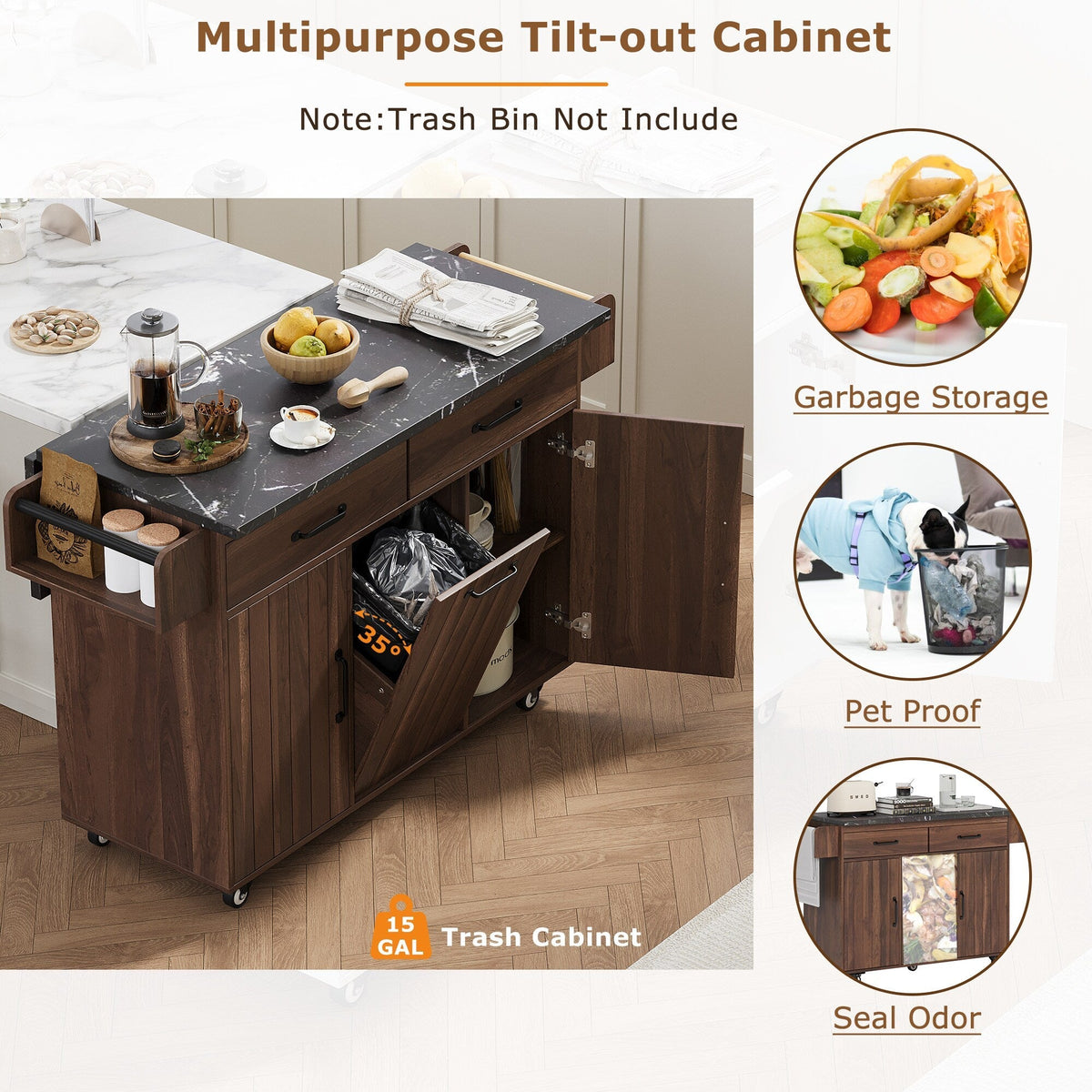 Bybafun Brown Mdf Base with Mdf Wood Top Rolling Kitchen Cart (20.6-in x 51-in x 35-in)