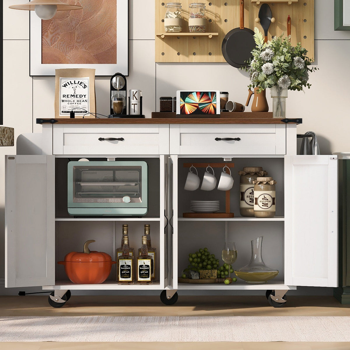 Bybafun White Mdf Base with Mdf Top Rolling Kitchen Island (17.7-in x 53.5-in x 36.5-in)