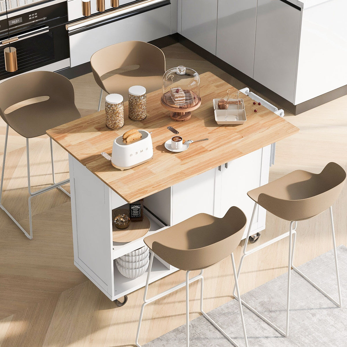 Bybafun White Mdf Base with Mdf Wood Top Rolling Kitchen Island (33.2-in x 49-in x 37.5-in)