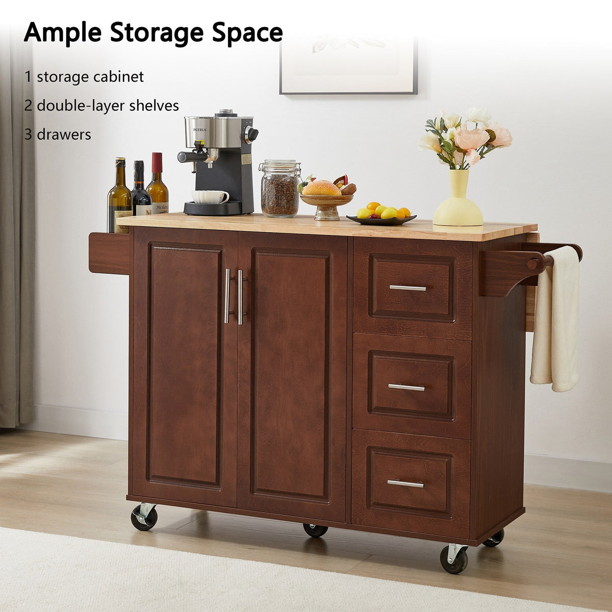 Bybafun Brown Mdf Base with Mdf Wood Top Rolling Kitchen Island (18.1-in x 53.8-in x 35.5-in)