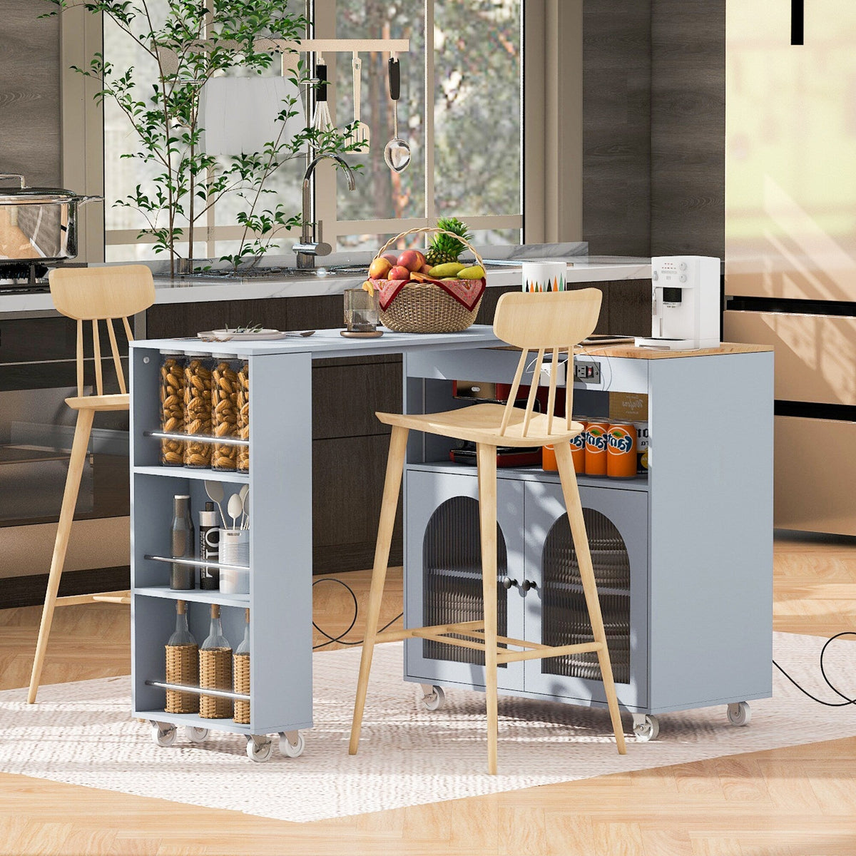 Bybafun Gray Mdf Base with Mdf Wood Top Rolling Kitchen Island (15.8-in x 56.3-in x 37.1-in)
