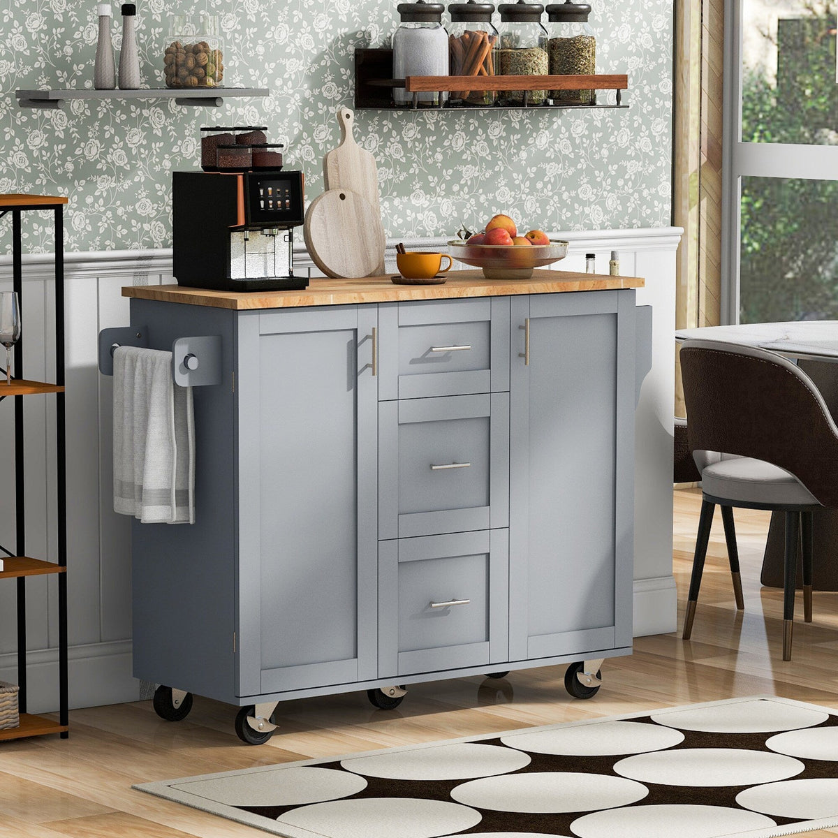 Bybafun Gray Mdf Base with Wood Top Rolling Kitchen Island (17-in x 50-in x 36.9-in)