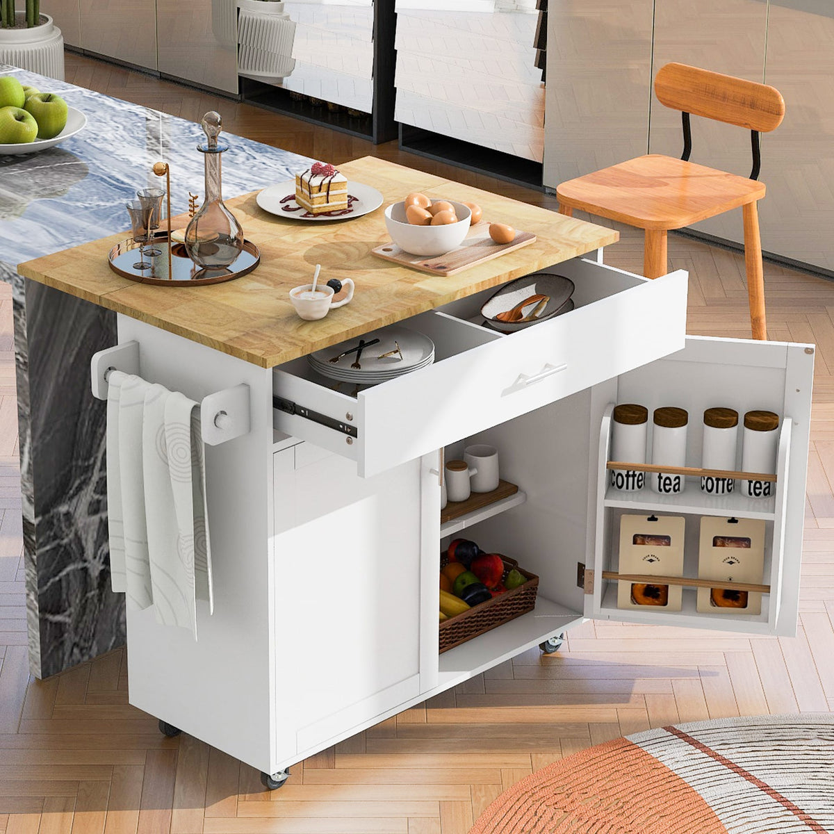 Bybafun White Mdf Base with Wood Top Rolling Kitchen Island (25.7-in x 39-in x 34-in)