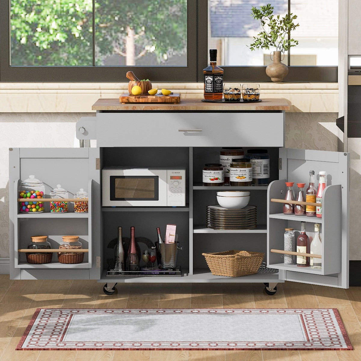 Bybafun Gray Mdf Base with Wood Top Rolling Kitchen Island (25.7-in x 39-in x 34-in)
