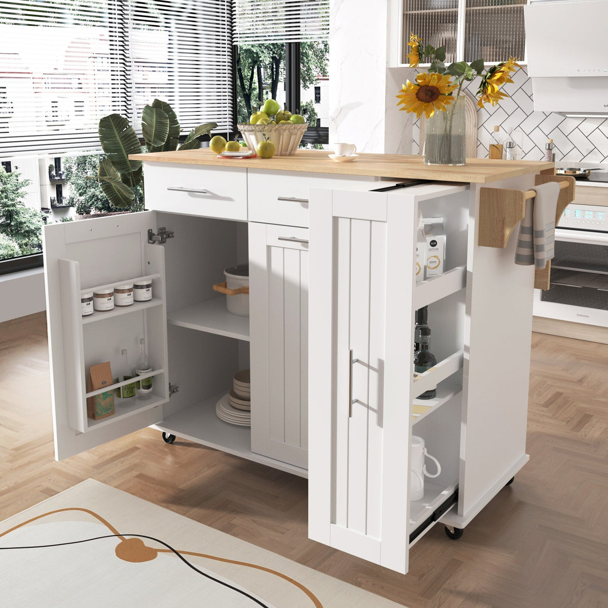 Bybafun White Mdf Base with Mdf Wood Top Rolling Kitchen Island (29.5-in x 46-in x 37-in)
