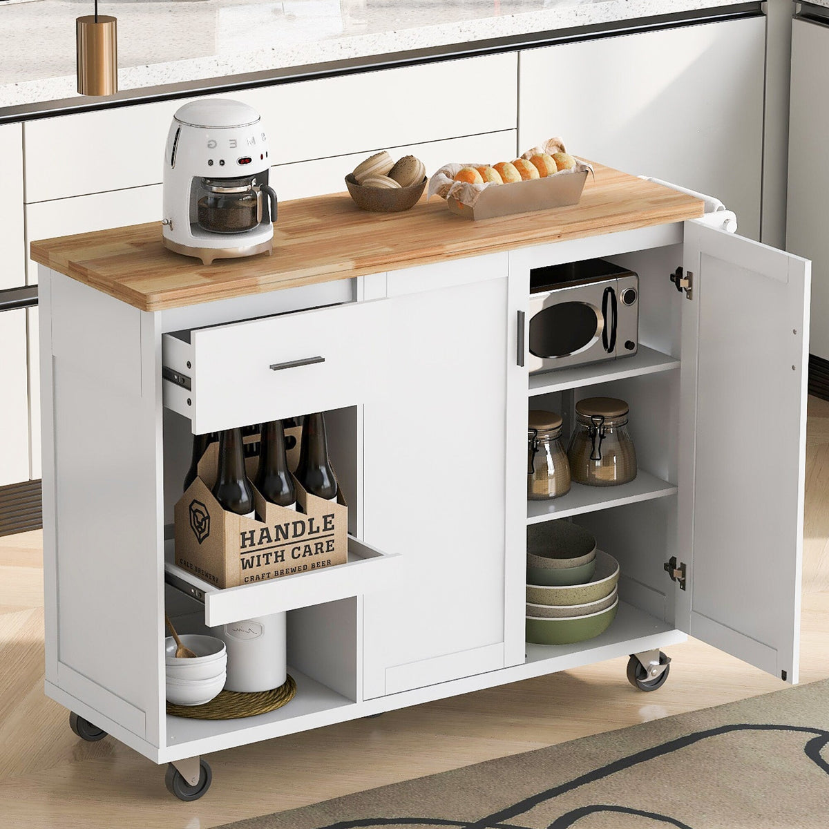 Bybafun White Mdf Base with Mdf Wood Top Rolling Kitchen Island (33.2-in x 49-in x 37.5-in)