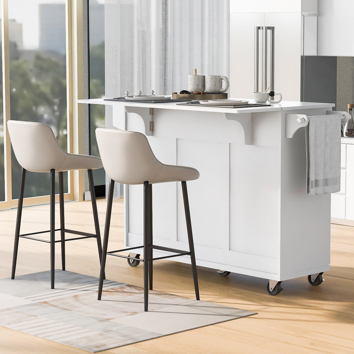 Bybafun White Mdf Base with Mdf Wood Top Rolling Kitchen Island (27.6-in x 53.2-in x 36.3-in)