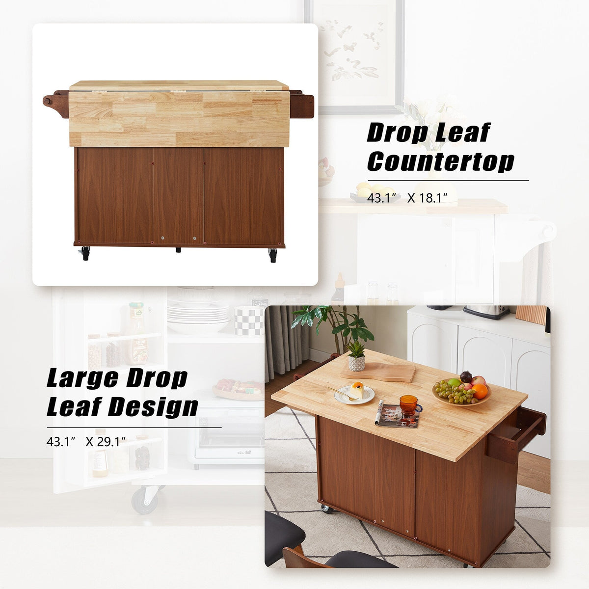 Bybafun Brown Mdf Base with Mdf Wood Top Rolling Kitchen Island (18.1-in x 53.8-in x 35.5-in)