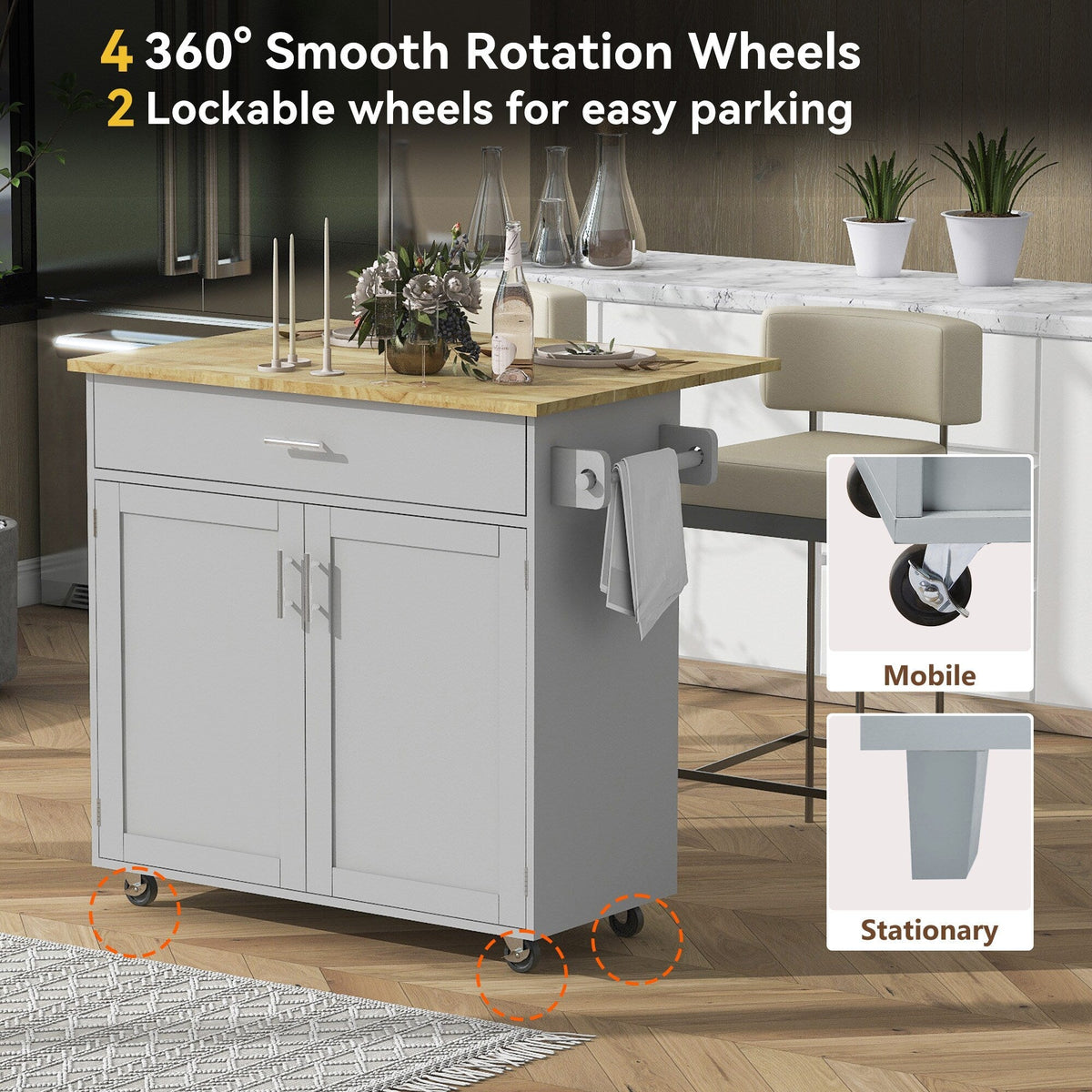 Bybafun Gray Mdf Base with Wood Top Rolling Kitchen Island (25.7-in x 39-in x 34-in)
