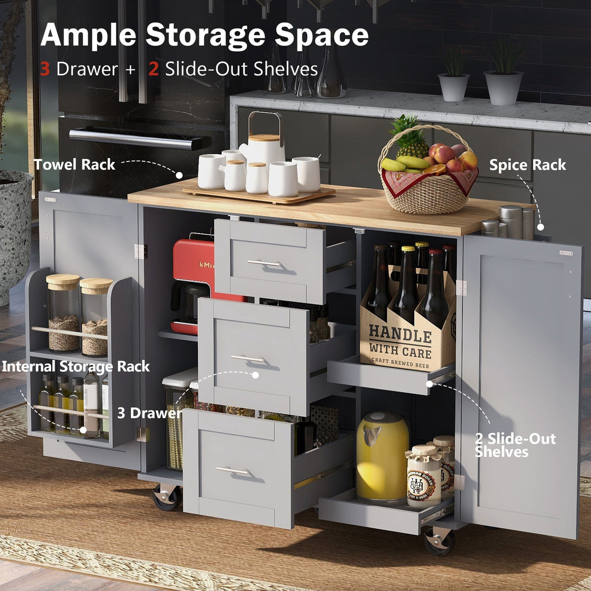 Bybafun Gray Mdf Base with Wood Top Rolling Kitchen Island (17-in x 50-in x 36.9-in)