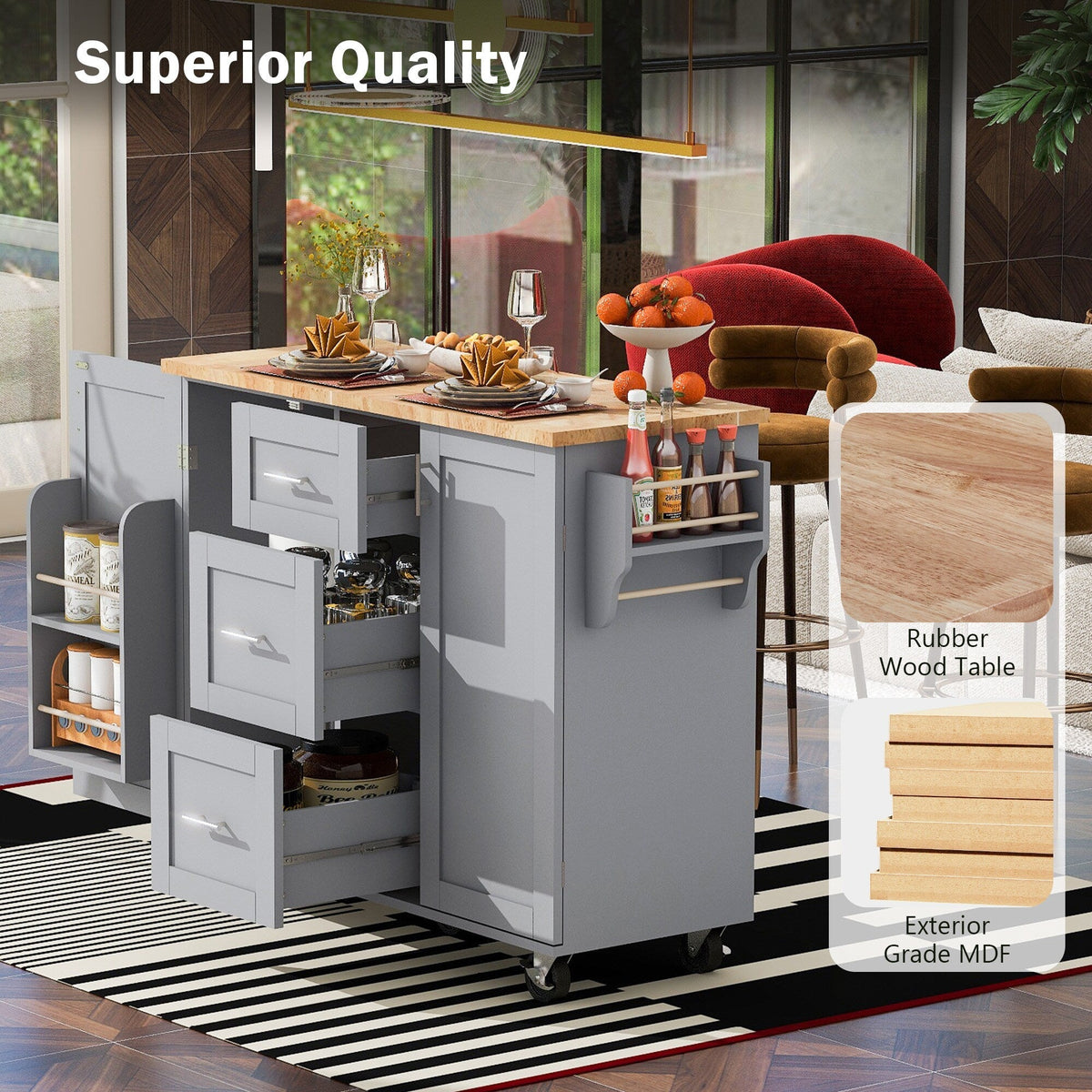 Bybafun Gray Mdf Base with Wood Top Rolling Kitchen Island (17-in x 50-in x 36.9-in)