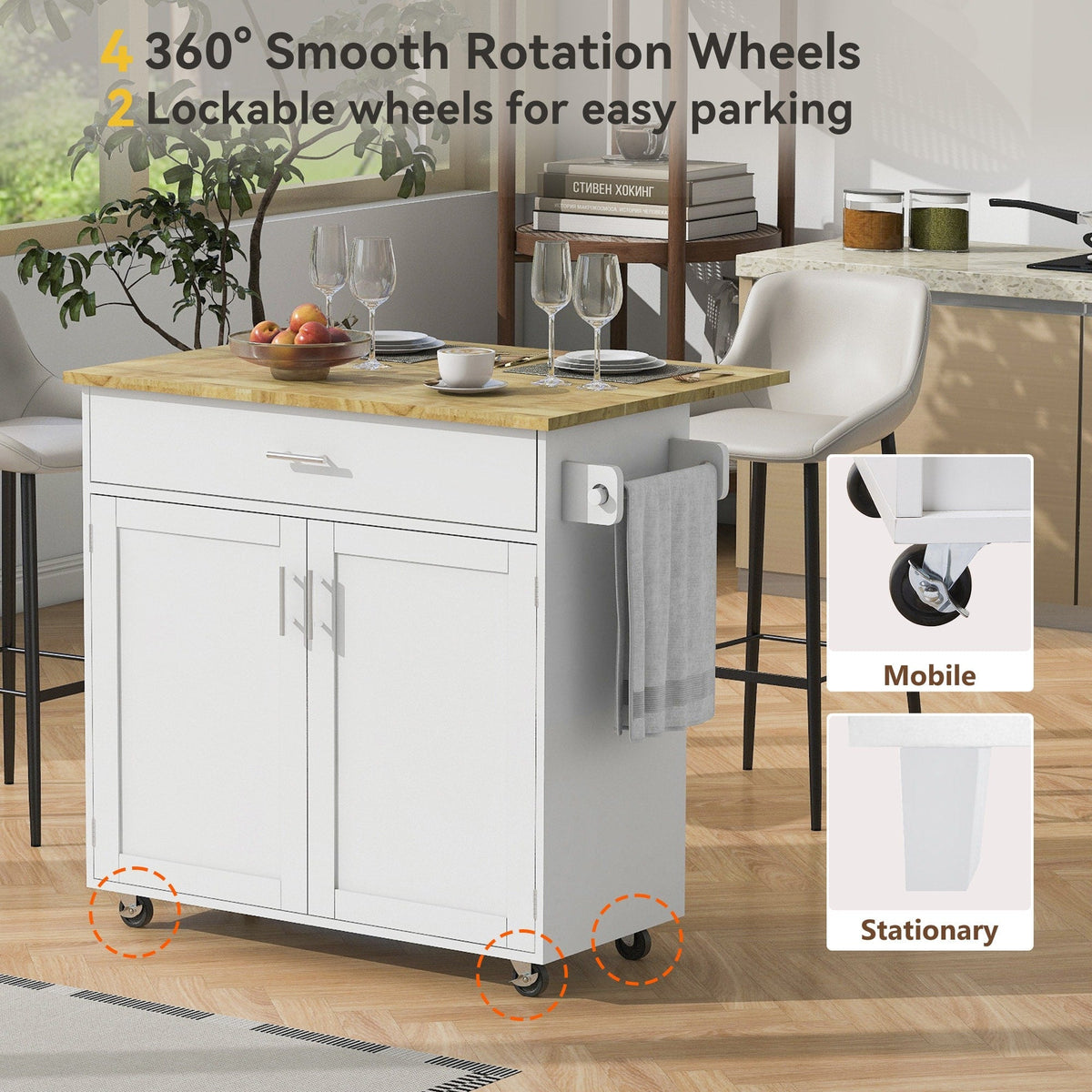 Bybafun White Mdf Base with Wood Top Rolling Kitchen Island (25.7-in x 39-in x 34-in)