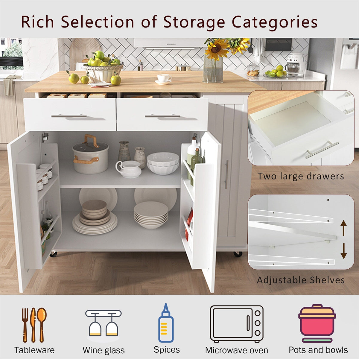 Bybafun White Mdf Base with Mdf Wood Top Rolling Kitchen Island (29.5-in x 46-in x 37-in)
