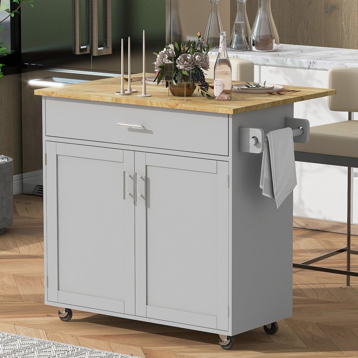 Bybafun Gray Mdf Base with Wood Top Rolling Kitchen Island (25.7-in x 39-in x 34-in)
