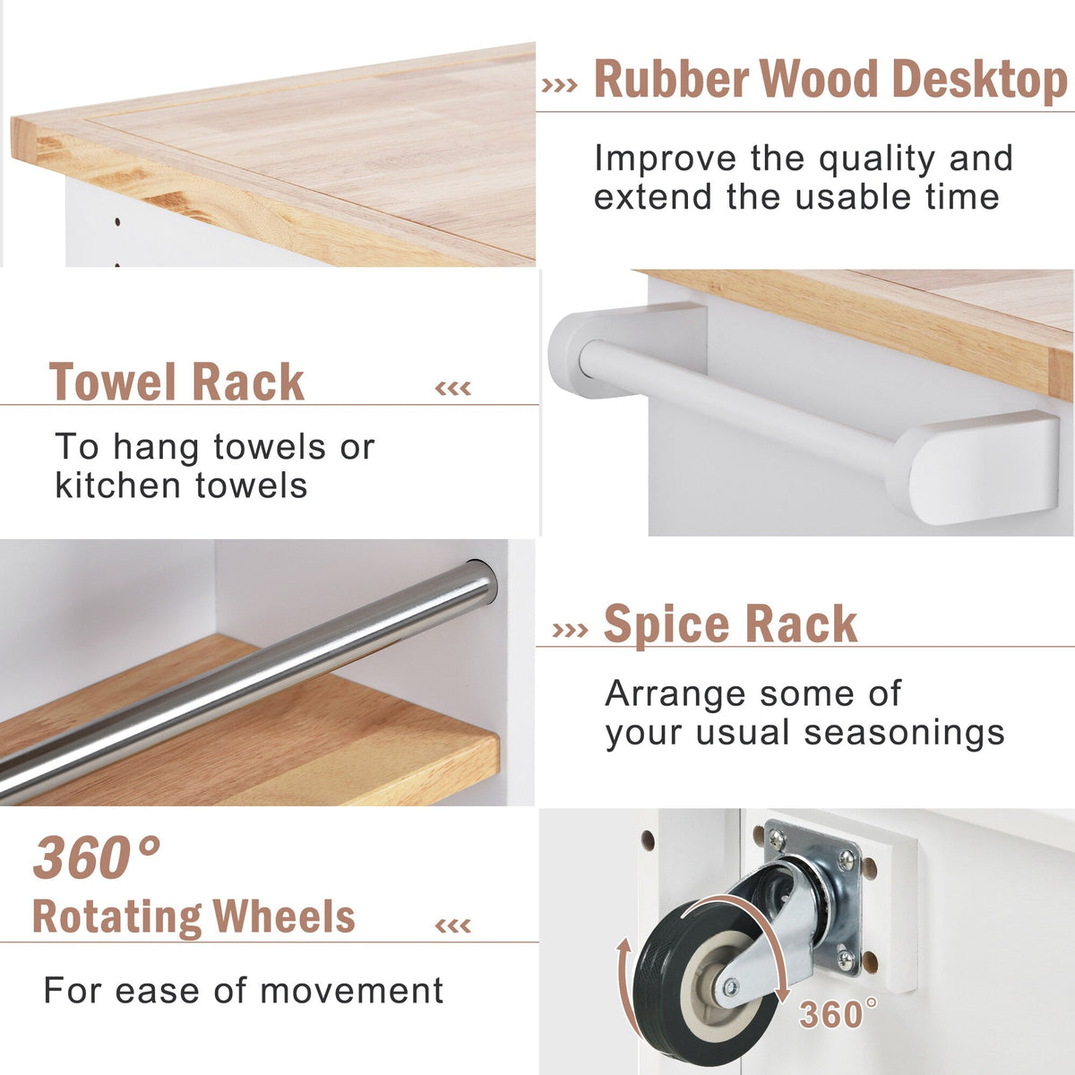 Bybafun White Mdf Base with Wood Top Rolling Kitchen Cart (21.7-in x 43.3-in x 35.6-in)