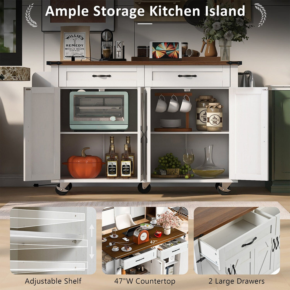 Bybafun White Mdf Base with Mdf Top Rolling Kitchen Island (17.7-in x 53.5-in x 36.5-in)