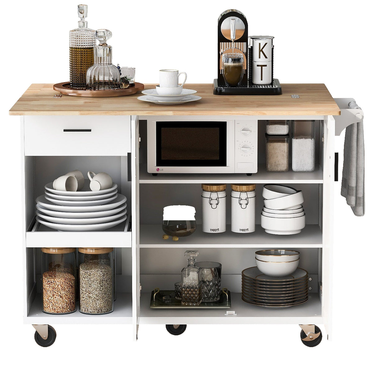 Bybafun White Mdf Base with Mdf Wood Top Rolling Kitchen Island (33.2-in x 49-in x 37.5-in)