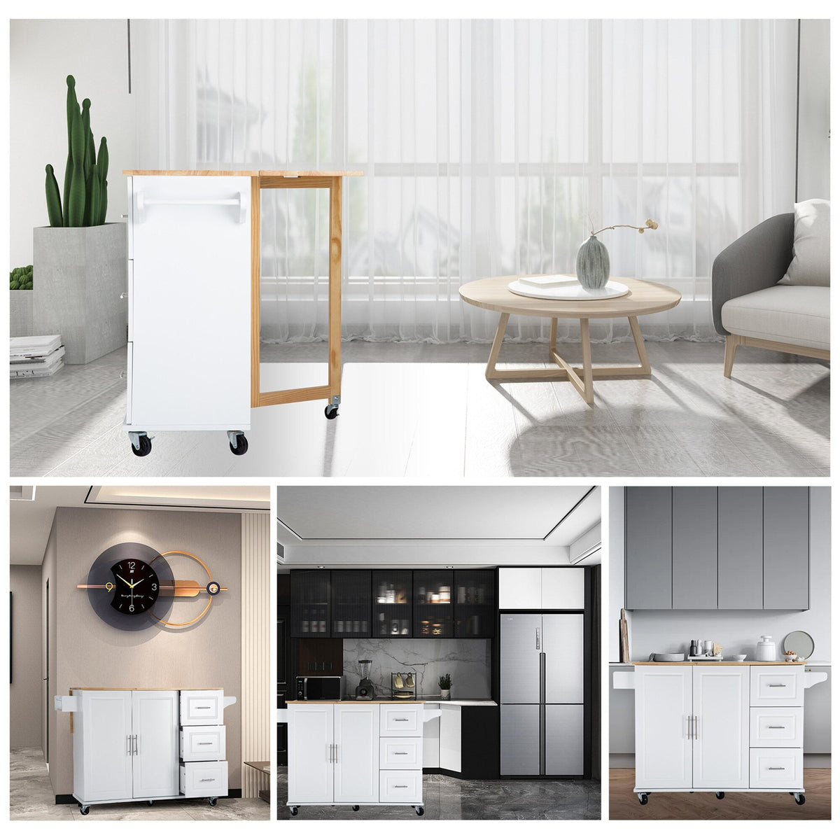 Bybafun White Mdf Base with Wood Top Rolling Kitchen Island (30-in x 53.9-in x 36.2-in)