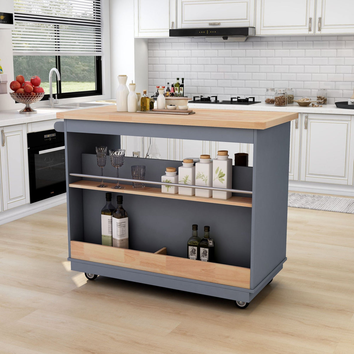 Bybafun Gray Mdf Base with Wood Top Rolling Kitchen Cart (21.7-in x 43.3-in x 35.6-in)