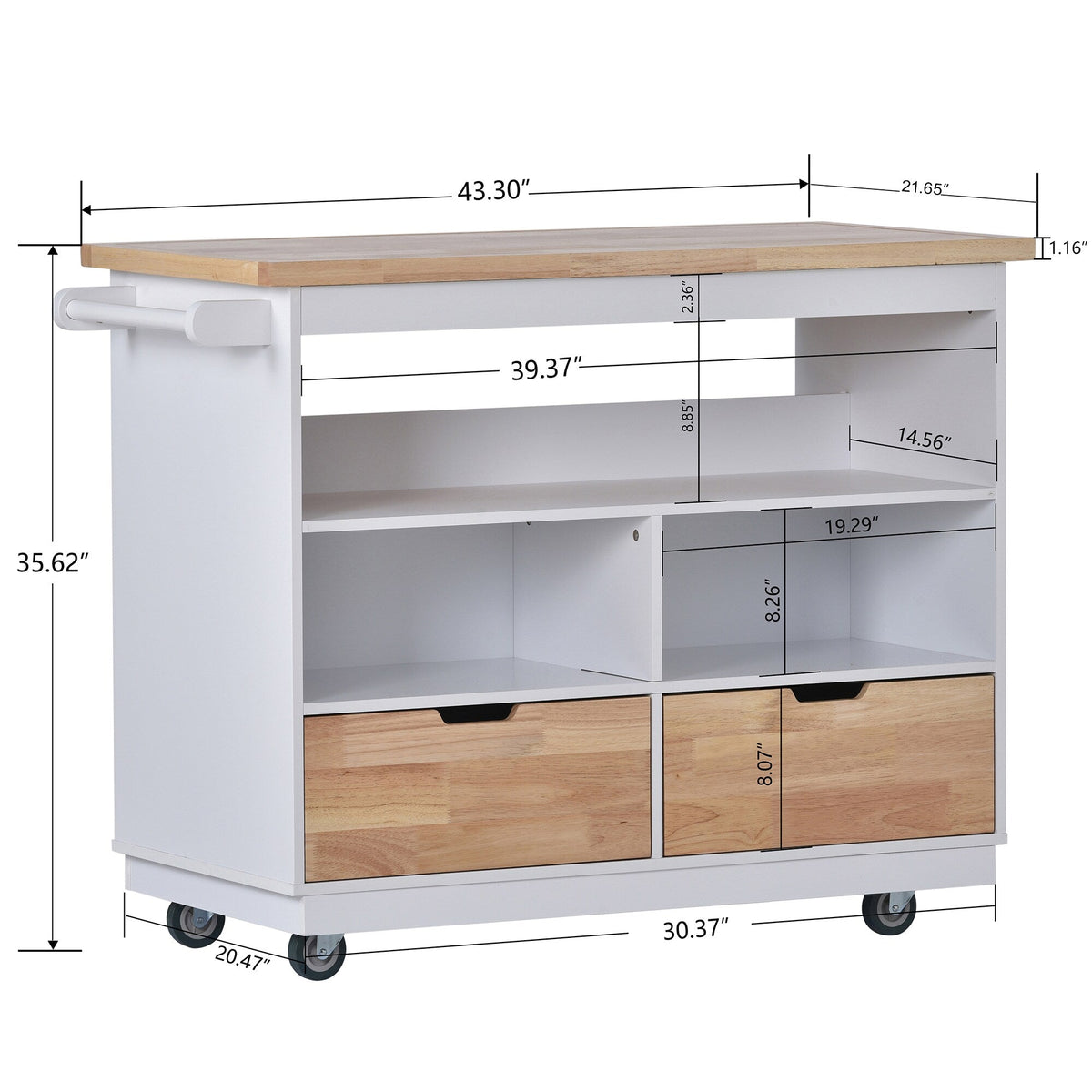 Bybafun White Mdf Base with Wood Top Rolling Kitchen Cart (21.7-in x 43.3-in x 35.6-in)