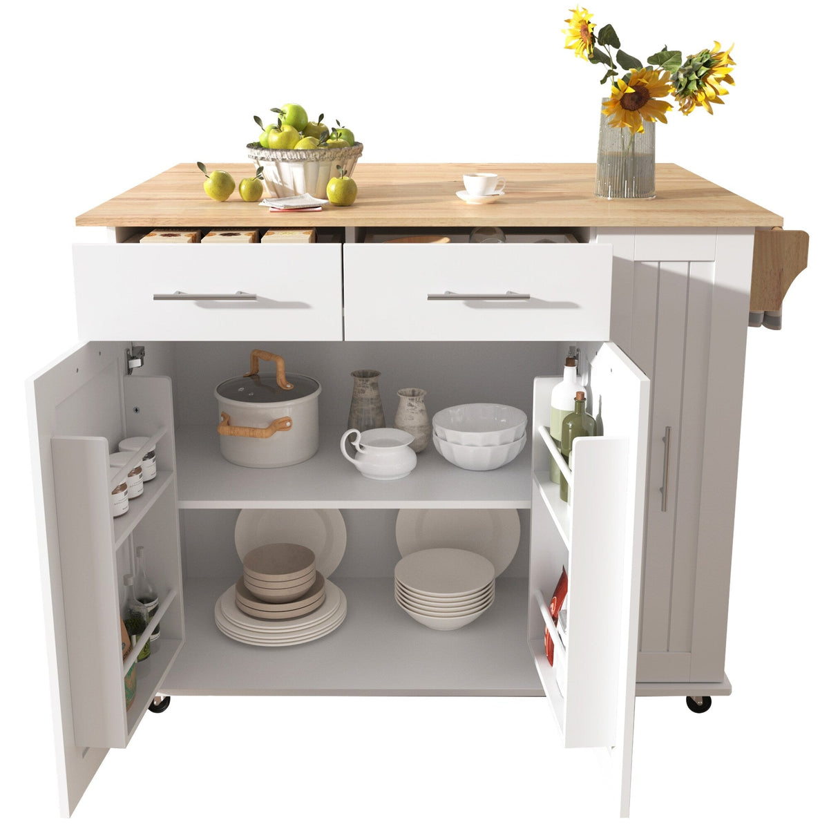 Bybafun White Mdf Base with Mdf Wood Top Rolling Kitchen Island (29.5-in x 46-in x 37-in)