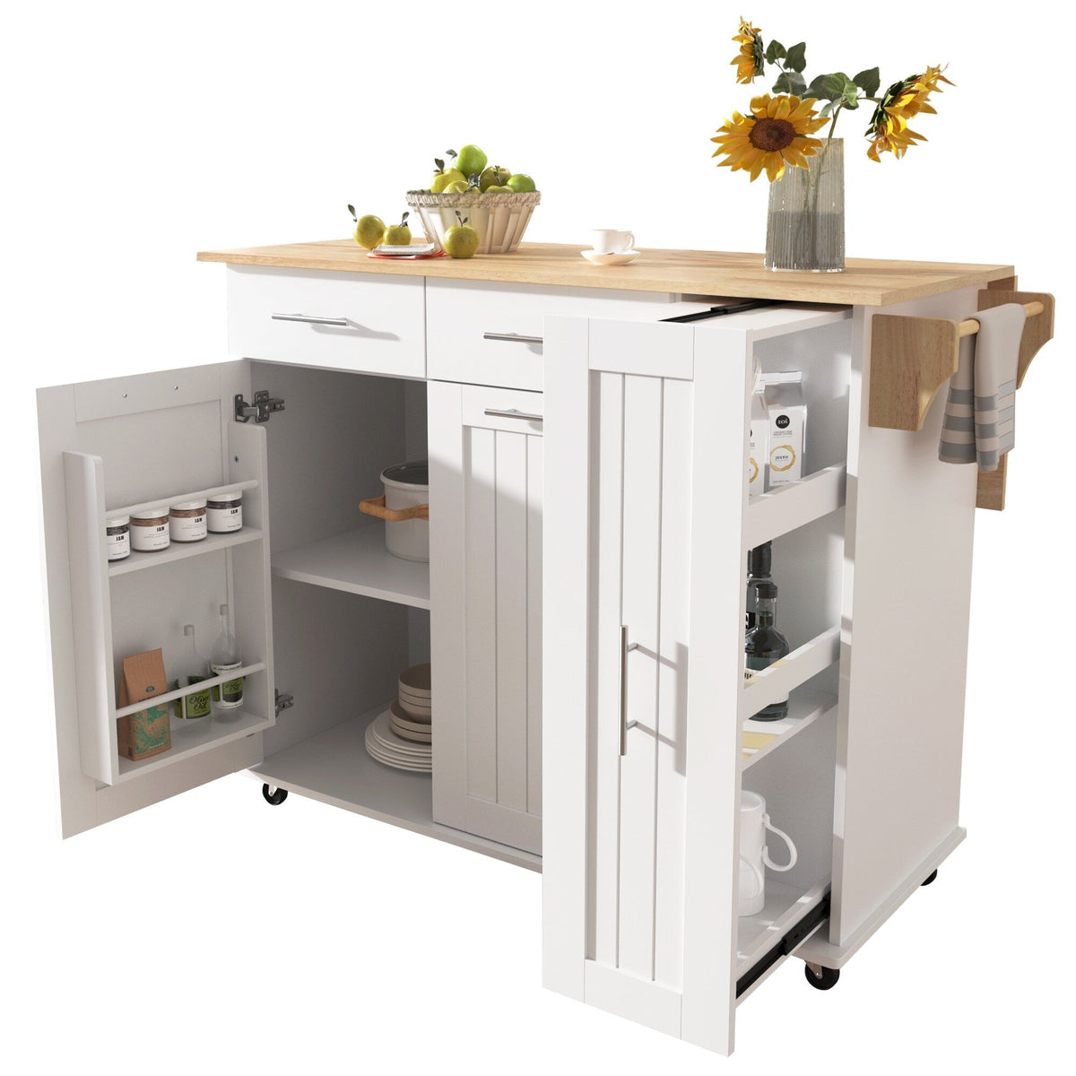 Bybafun White Mdf Base with Mdf Wood Top Rolling Kitchen Island (29.5-in x 46-in x 37-in)