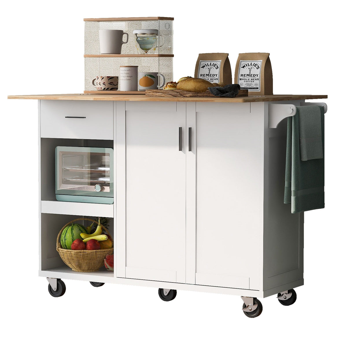 Bybafun White Mdf Base with Mdf Wood Top Rolling Kitchen Island (33.2-in x 49-in x 37.5-in)