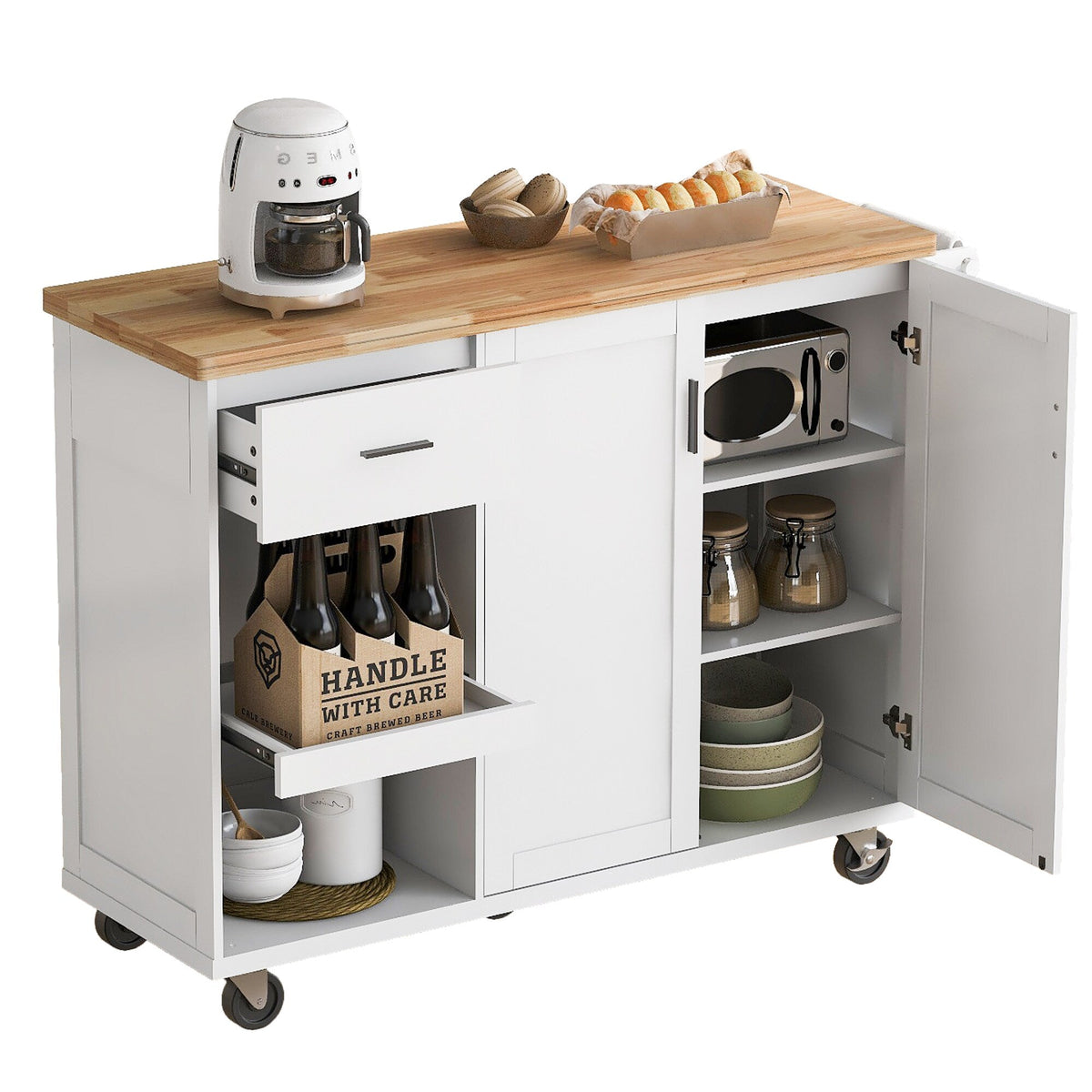 Bybafun White Mdf Base with Mdf Wood Top Rolling Kitchen Island (33.2-in x 49-in x 37.5-in)