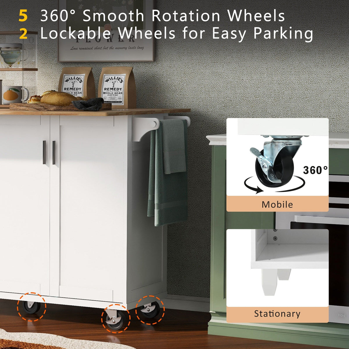 Bybafun White Mdf Base with Mdf Wood Top Rolling Kitchen Island (33.2-in x 49-in x 37.5-in)