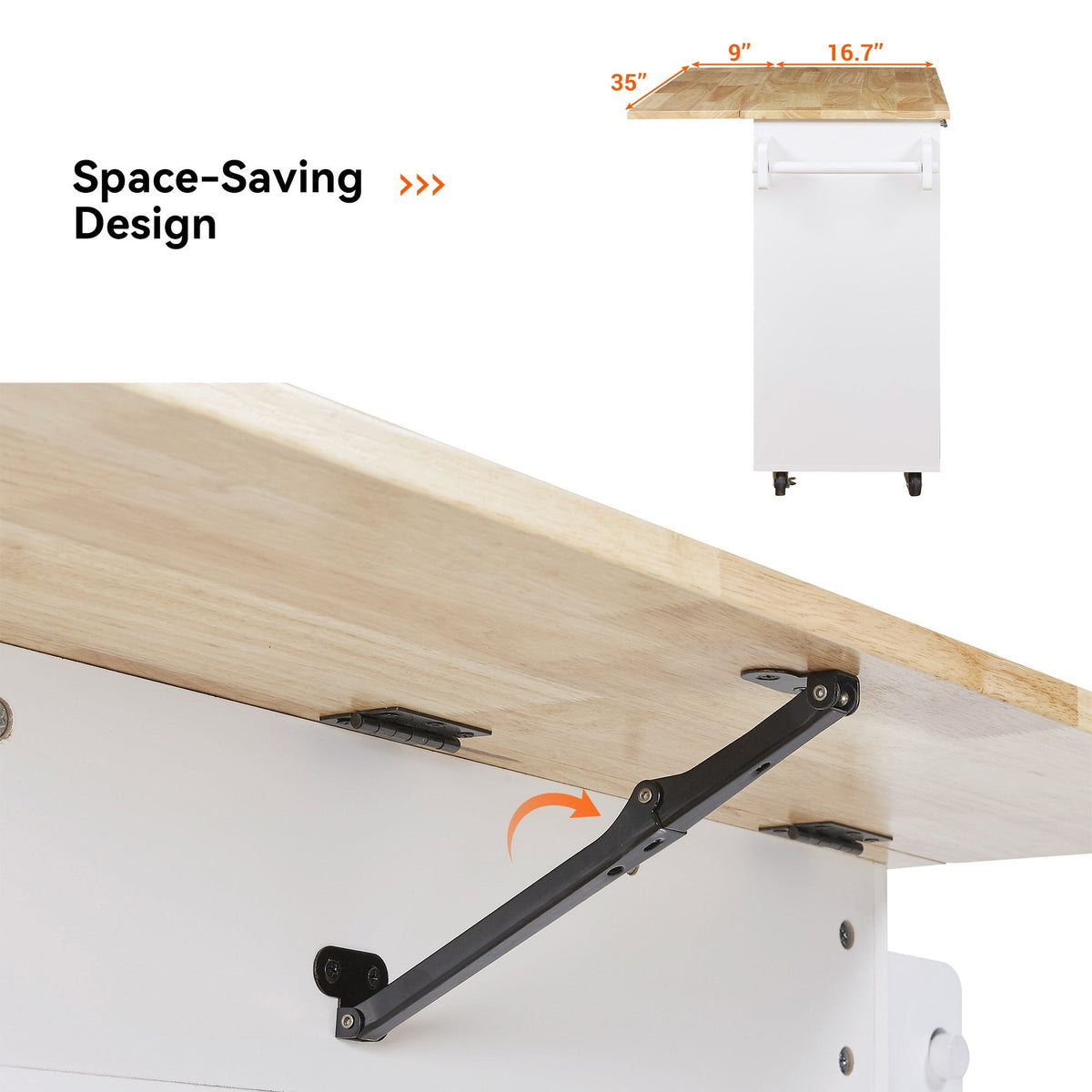 Bybafun White Mdf Base with Wood Top Rolling Kitchen Island (25.7-in x 39-in x 34-in)