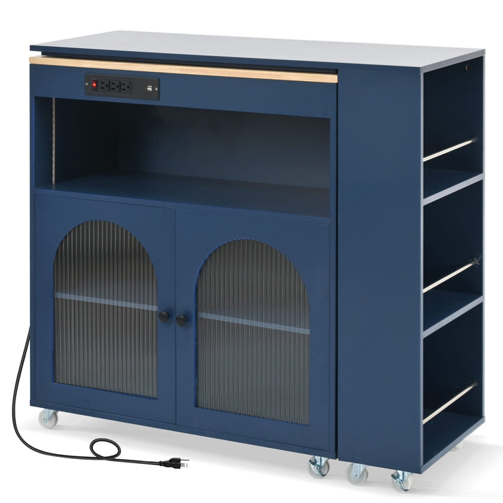 Bybafun Blue Mdf Base with Mdf Wood Top Rolling Kitchen Island (15.8-in x 56.3-in x 37.1-in)