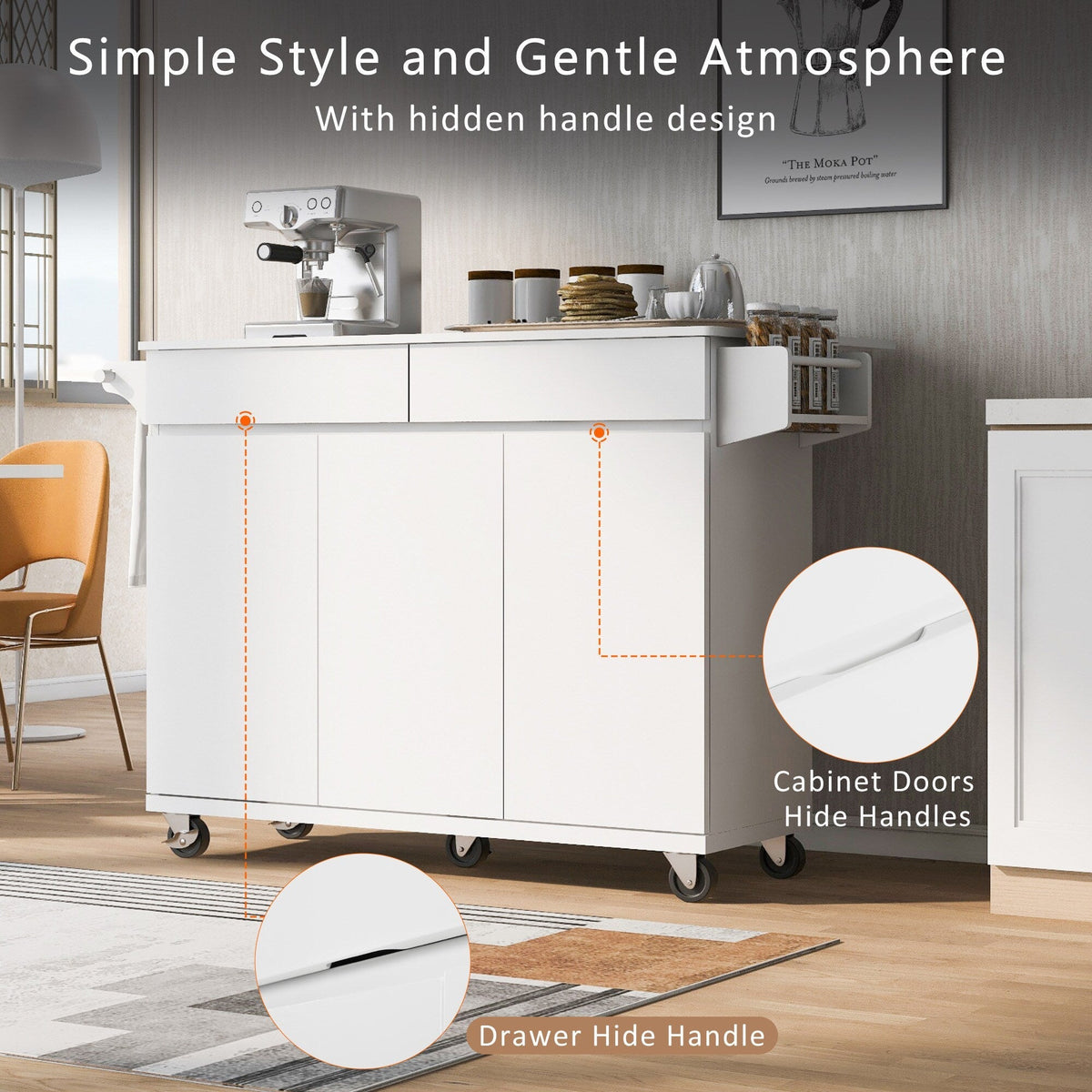 Bybafun White Mdf Base with Mdf Wood Top Rolling Kitchen Island (27.6-in x 53.2-in x 36.3-in)