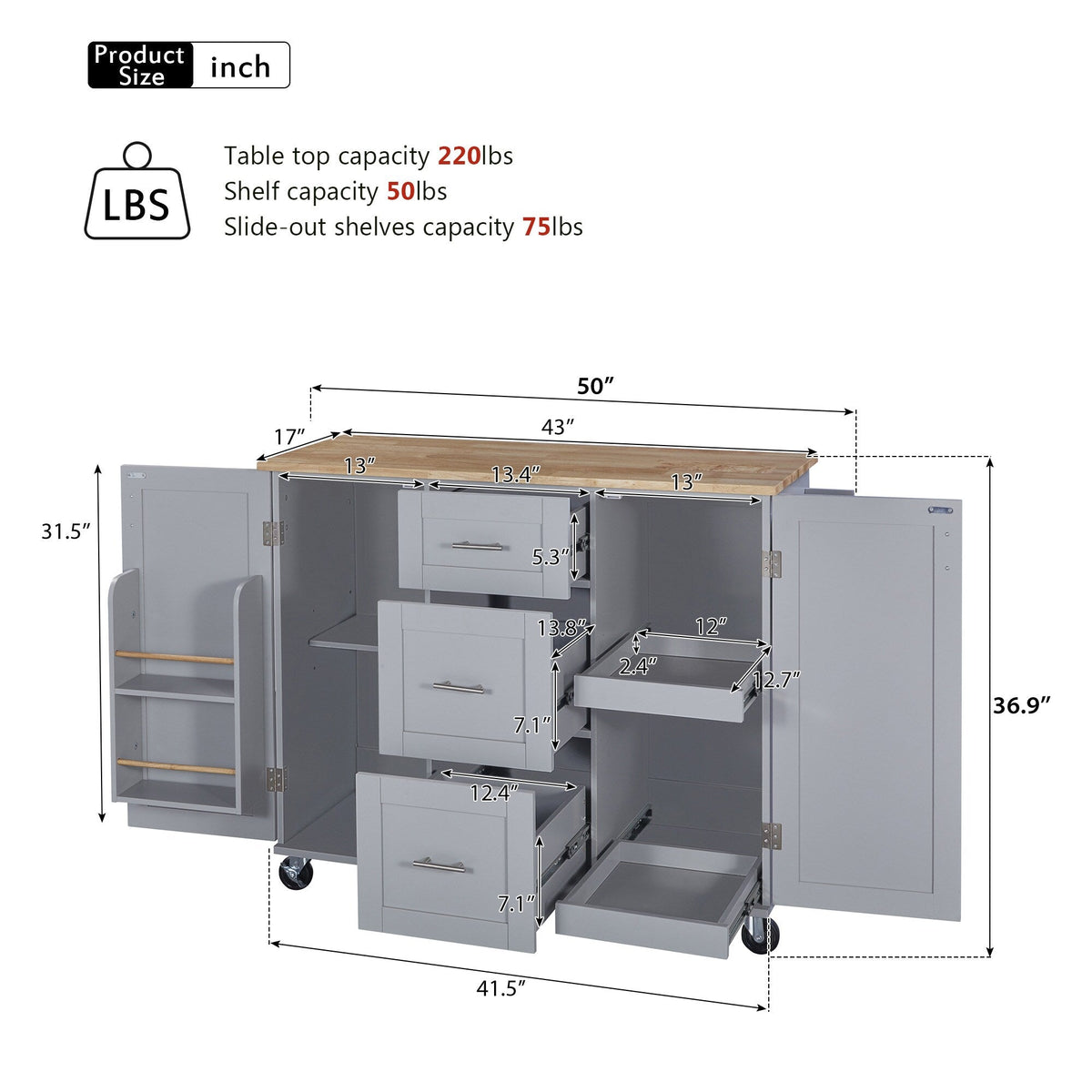 Bybafun Gray Mdf Base with Wood Top Rolling Kitchen Island (17-in x 50-in x 36.9-in)