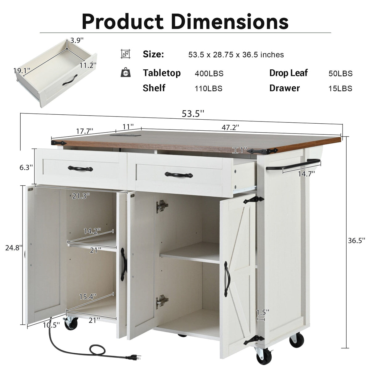 Bybafun White Mdf Base with Mdf Top Rolling Kitchen Island (17.7-in x 53.5-in x 36.5-in)