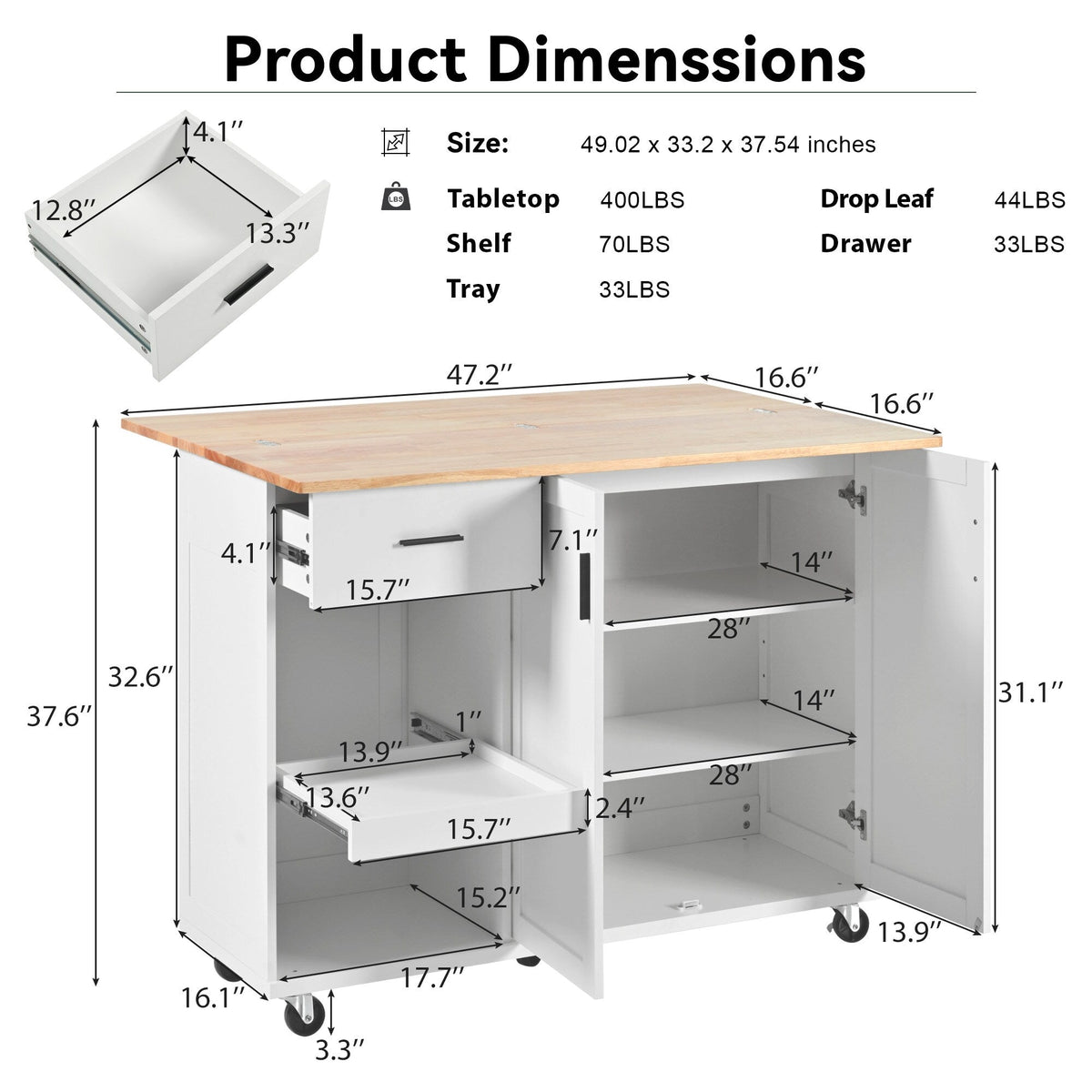 Bybafun White Mdf Base with Mdf Wood Top Rolling Kitchen Island (33.2-in x 49-in x 37.5-in)