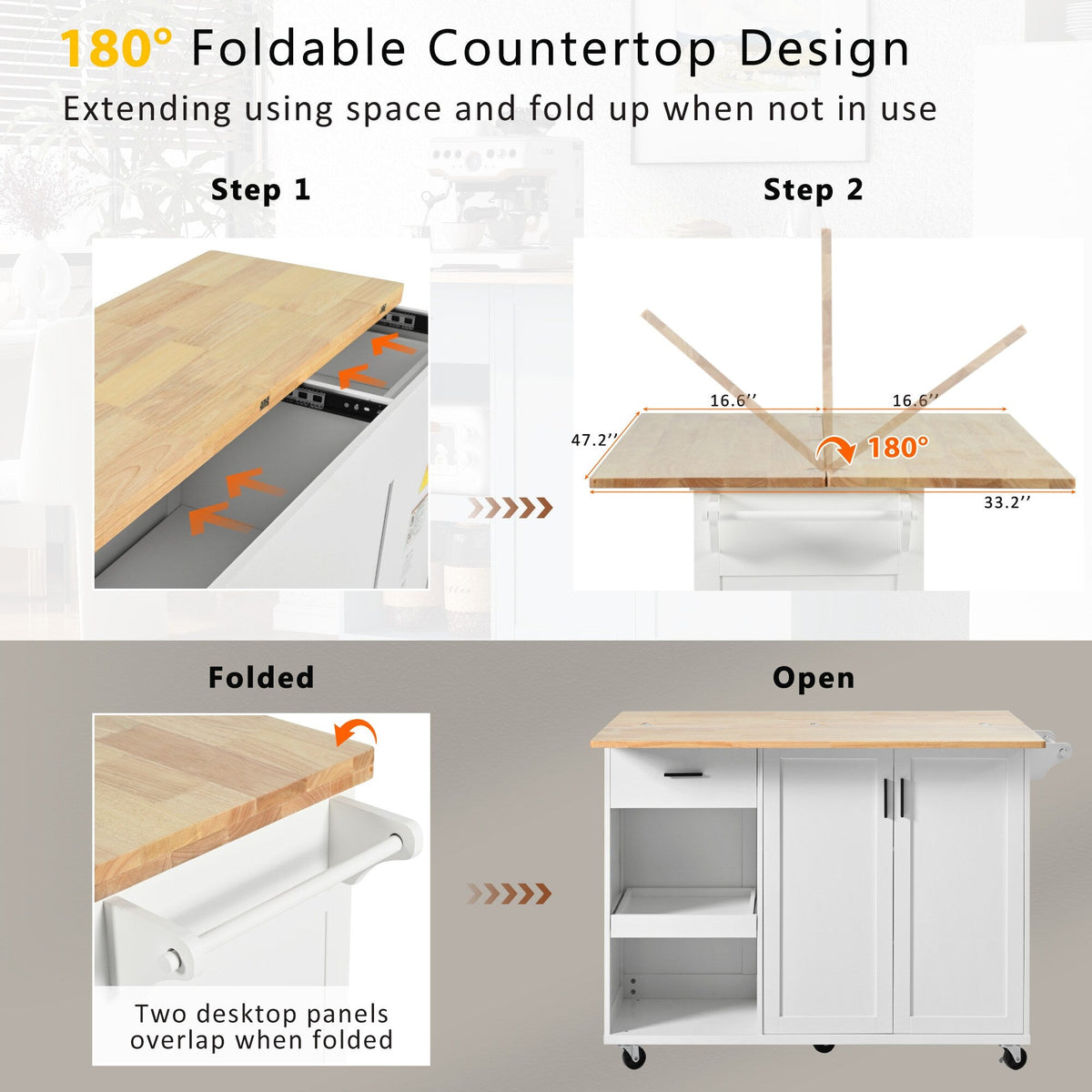 Bybafun White Mdf Base with Mdf Wood Top Rolling Kitchen Island (33.2-in x 49-in x 37.5-in)
