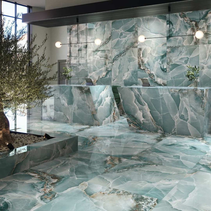 The Tile Life Riptide Turquoise 24-in x 48-in Polished Porcelain Marble look Floor and Wall Tile product image
