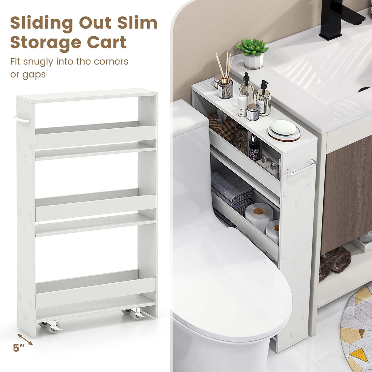 Costway White Wood Base with Wood Top Rolling Kitchen Cart (7-in x 19-in x 32-in)