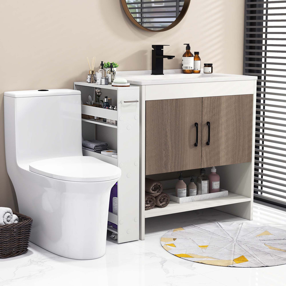 Costway White Wood Base with Wood Top Rolling Kitchen Cart (7-in x 19-in x 32-in)