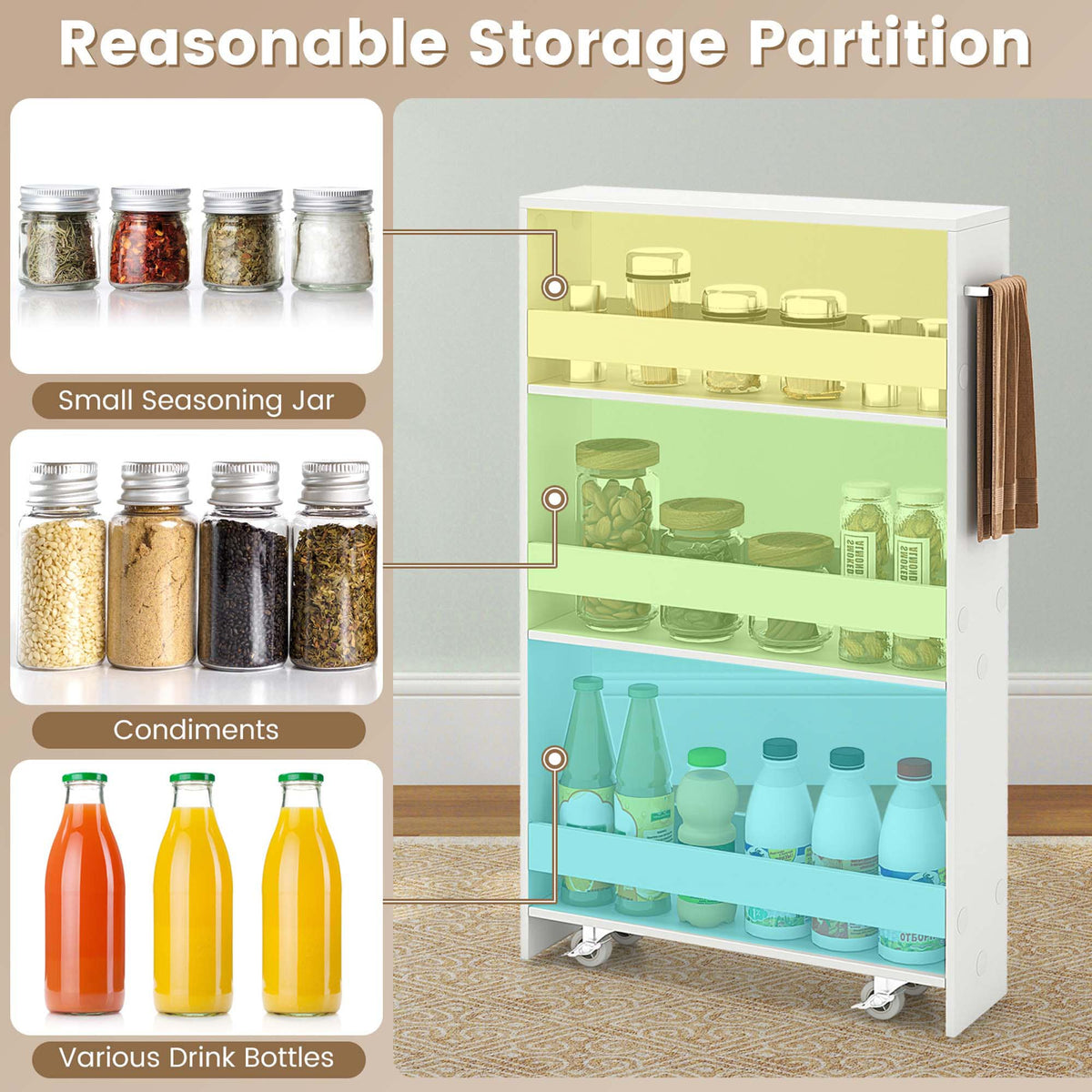 Costway White Wood Base with Wood Top Rolling Kitchen Cart (7-in x 19-in x 32-in)