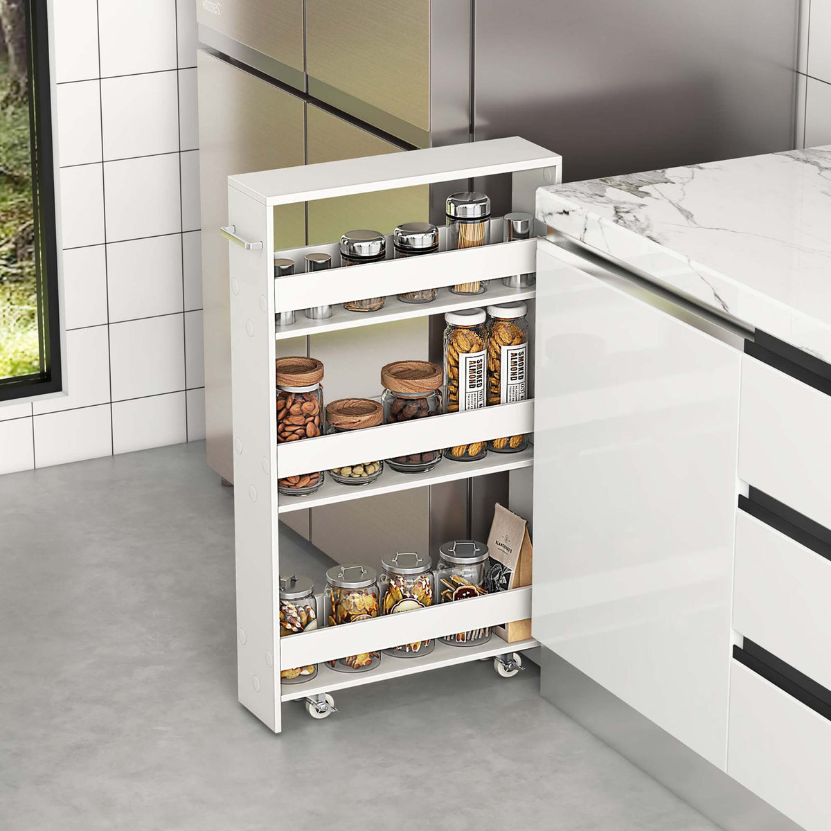 Costway White Wood Base with Wood Top Rolling Kitchen Cart (7-in x 19-in x 32-in)