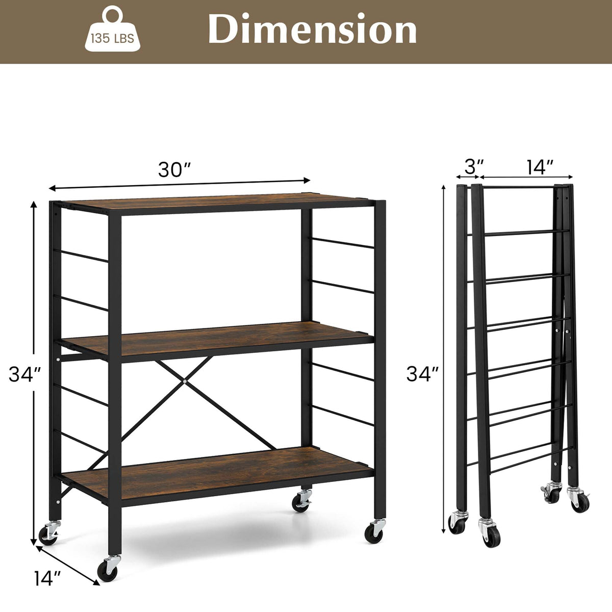 Costway Black Metal Base with Mdf Metal Top Rolling Kitchen Cart (14-in x 30-in x 34-in)